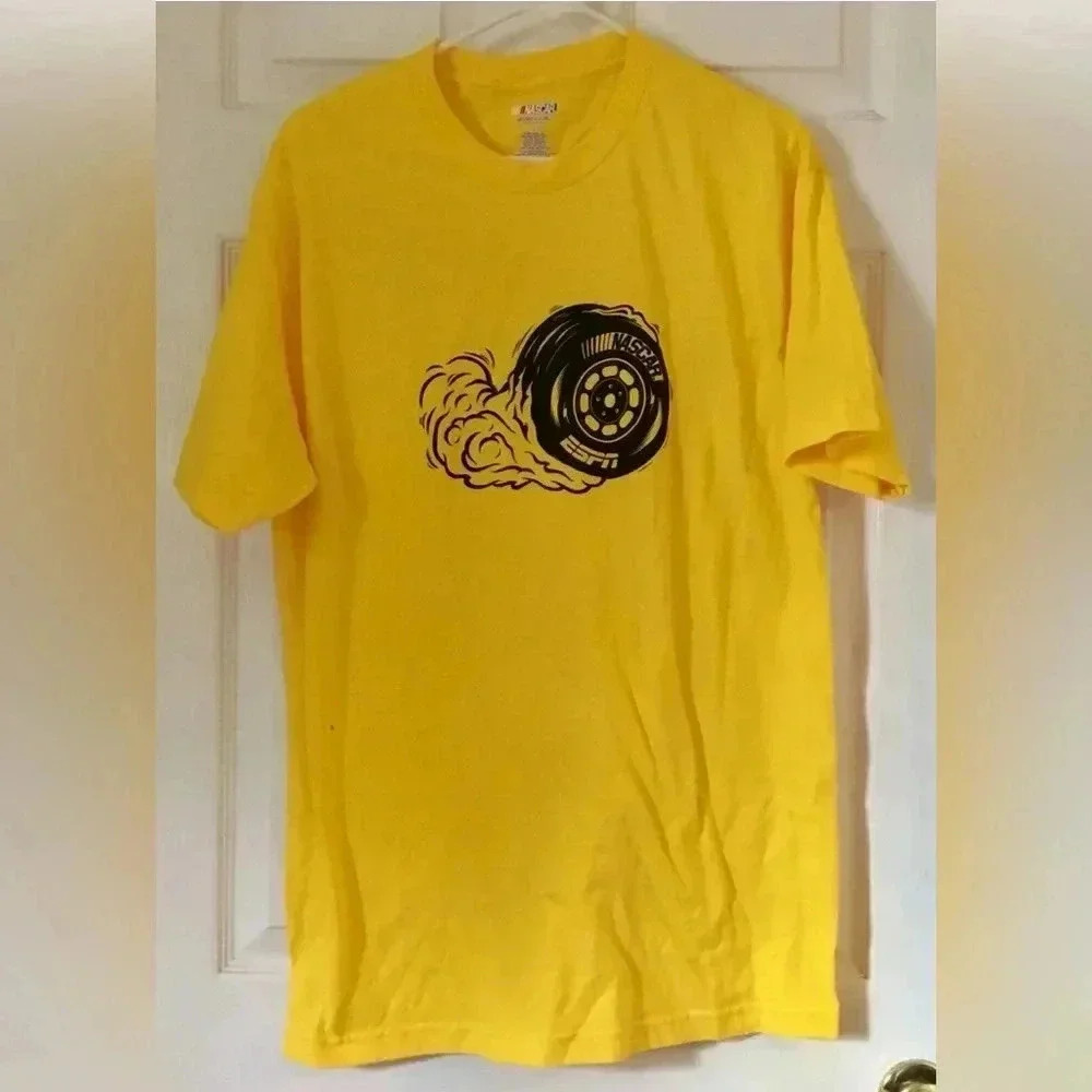 Men NASCAR ESPN yellow Cotton Tire Graphic S/s T-shirt Top Sz Large